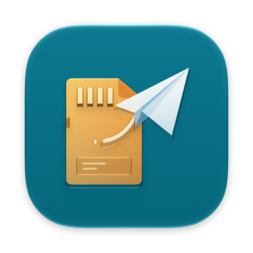 Bureauflow app icon — a gold SD card with a white paper plane leaving it, on deep teal