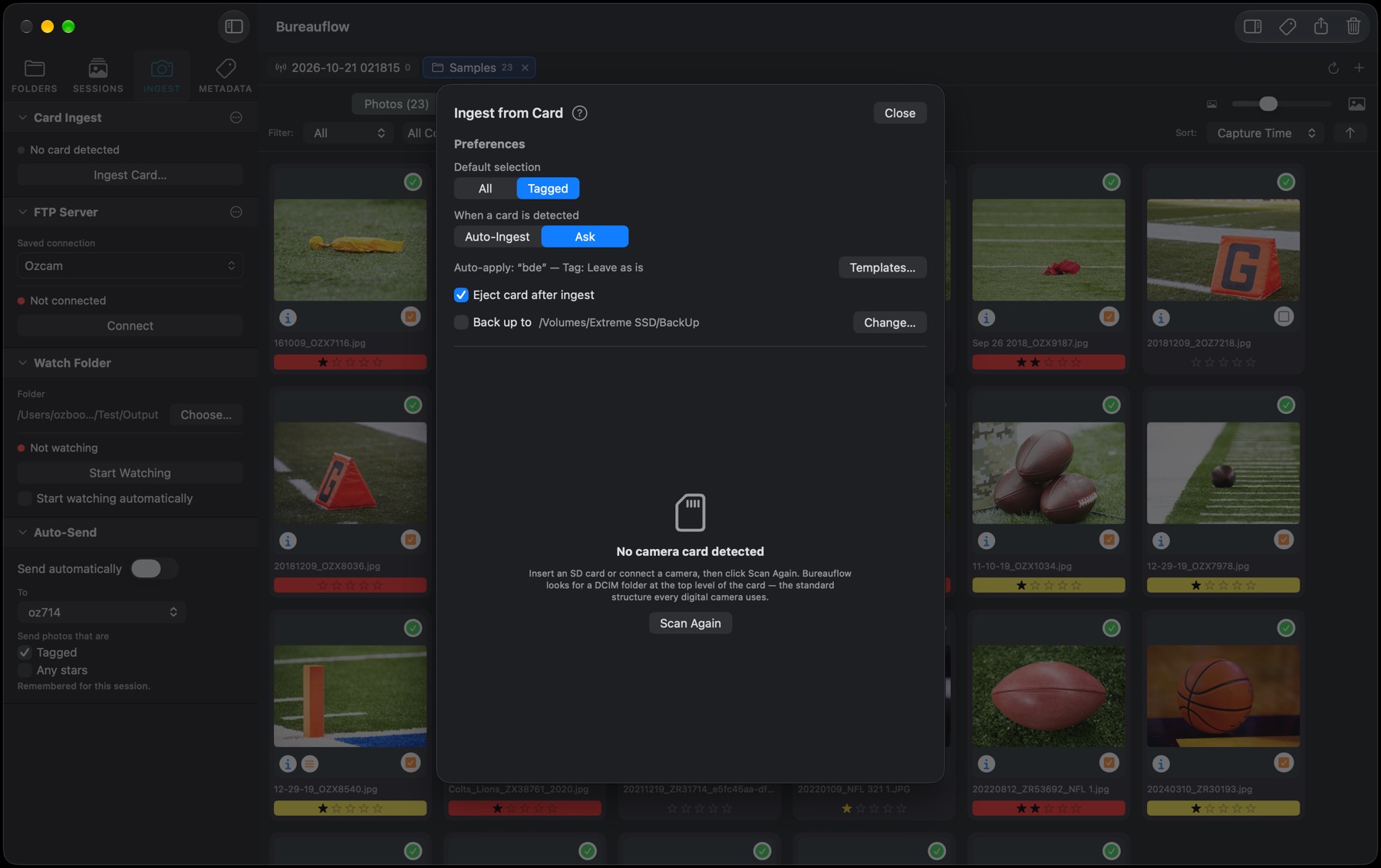 The Ingest from Card window over the grid: default selection set to Tagged, Ask when a card is detected, eject after ingest, and a backup folder on another drive