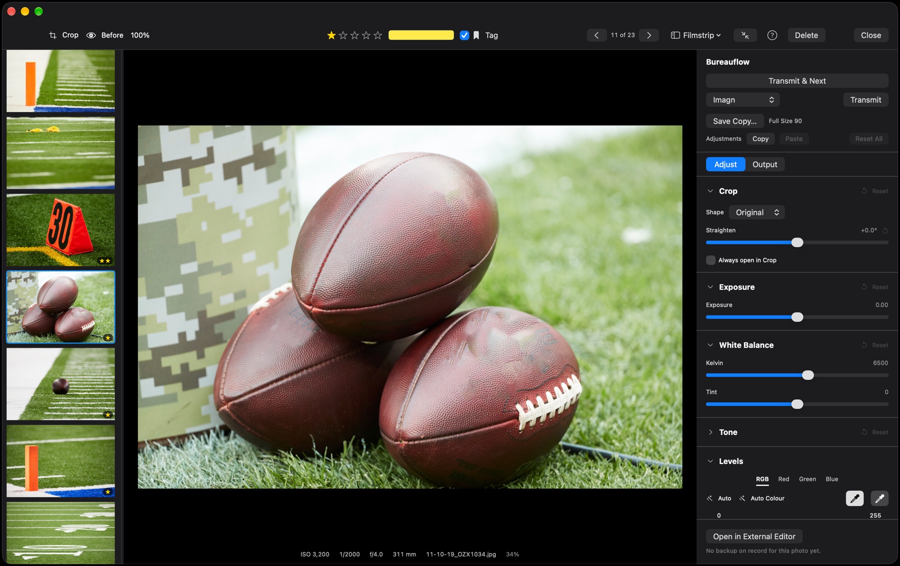The Edit Image window: a filmstrip of the shoot down the left, three footballs against a camouflage pad in the middle, and the Transmit, crop, exposure and white balance controls on the right