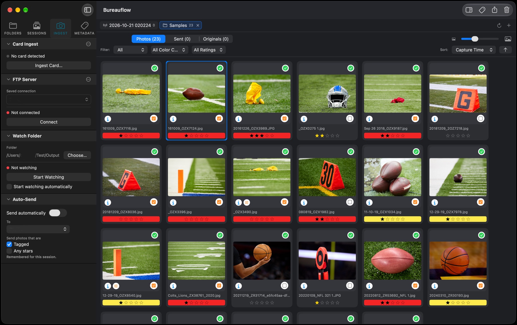 Bureauflow's main window: the Ingest tab in the sidebar with Card Ingest, FTP Server, Watch Folder and Auto-Send, and a grid of football detail frames with stars and color classes