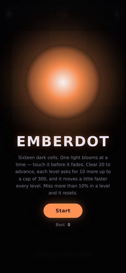 Emberdot start screen with a large glowing ember dot